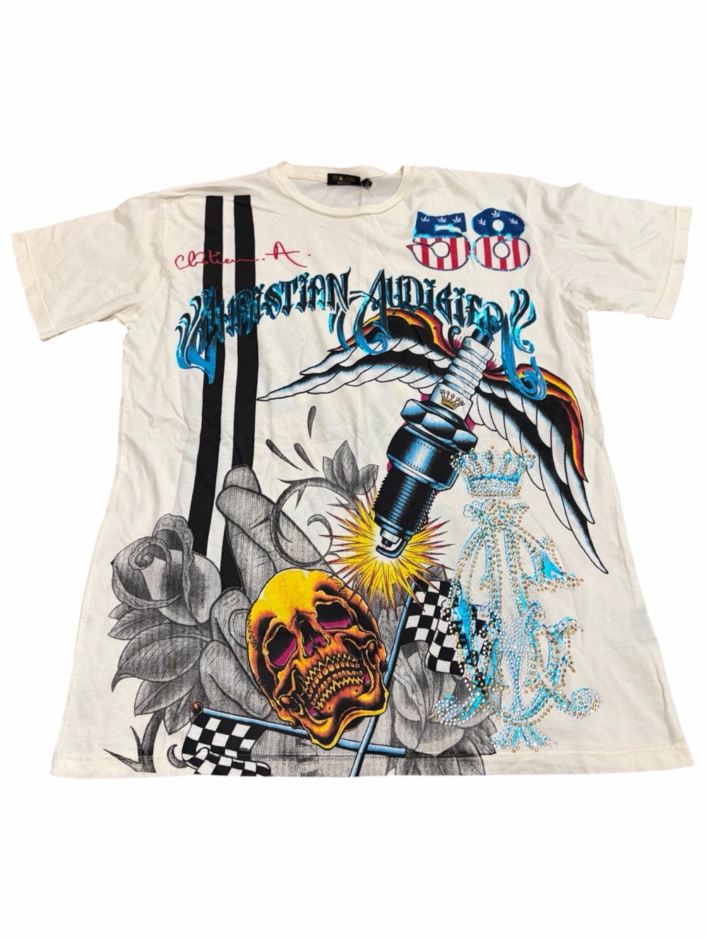 Christian Audigier Graphic Tee Men’s Large Skull Rhinestone Y2K Style